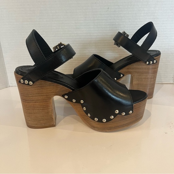 The Kooples Black Leather Wood Platform Clog Sandals Studded Block Heels EU 38 - Picture 9 of 14